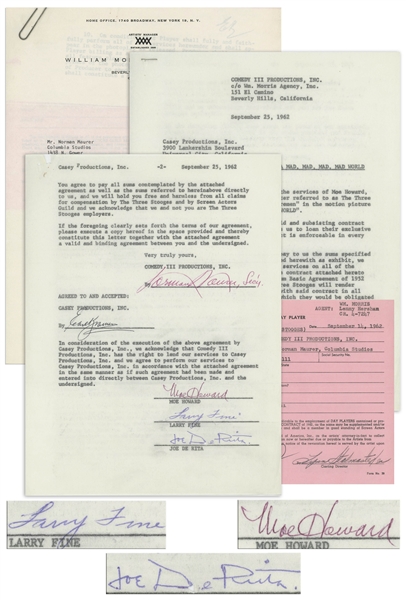 The Three Stooges Signed Agreement From September 1962 for Its a Mad, Mad, Mad, Mad World -- Signed by Moe Howard, Larry Fine & Joe DeRita -- 2pp. Plus Ancillary Documents -- Very Good